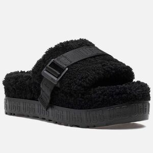 UGG FLUFFITA BLACK PLATFORM SLIDES SHEEPSKIN SLIPPERS SIZE 7 AUTHENTIC